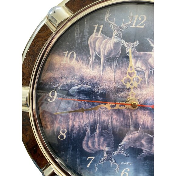 Deer-Themed Quartz Wall Clock With Gold & Wood Finish Frame - Picture 5 of 6